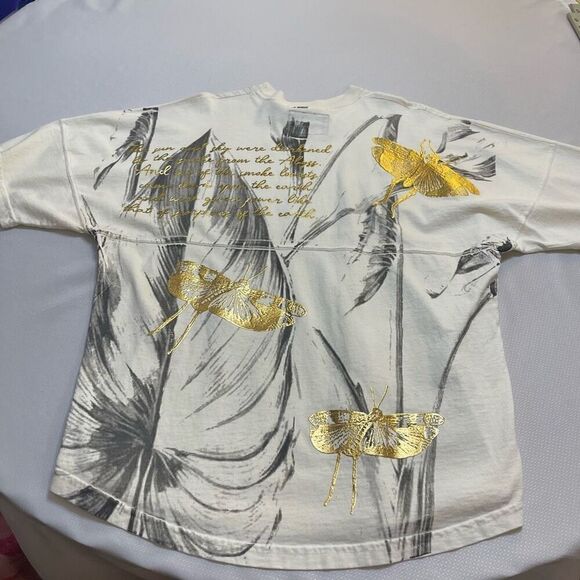 Spirit Jersey Dragonfly Metallic Gold Foil Feather Top T-Shirt Size Medium - Picture 7 of 13